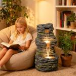 28.8” Tall Rock Water Fountain Outdoor Garden, 3-Tiers Cascading Rock Natural Waterfall Fountains with LED Lights, Indoor Resin Water Feature Fountain for Patio, Backyard, Deck, Porch