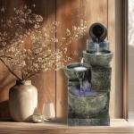 Makamsui 23.6" 4-Tiers Cascading Rock Water Fountain Outdoor Garden Waterfall Decor for Garden, Outside Cascading Bowls and Stacked Stones Patio Water Features Fountain with LED Light and Atomizer Wh