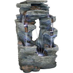 Sunnydaze Dual Cascading Rock Falls 39-Inch Outdoor Water Fountain with LED Lights - Electric Submersible Pump