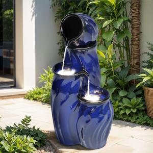 Ultym 29" Tall Ceramic Water Fountain Outdoor with LED Lights, 4-Tier Cascading Waterfall Garden Fountain, Ideal for Serene Relaxing Patio, Yard or Porch, Cobalt Blue Glaze, Dynamic Wave-Texture