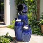 Ultym 29" Tall Ceramic Water Fountain Outdoor with LED Lights, 4-Tier Cascading Waterfall Garden Fountain, Ideal for Serene Relaxing Patio, Yard or Porch, Cobalt Blue Glaze, Dynamic Wave-Texture