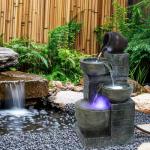 Makamsui 23.6" 4-Tiers Cascading Rock Water Fountain Outdoor Garden Waterfall Decor for Garden, Outside Cascading Bowls and Stacked Stones Patio Water Features Fountain with LED Light and Atomizer Wh