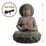 Teamson Home Buddha Zen Statue Water Fountain with LED Light and Pump for Outdoor Patio Garden Backyard Decking, 28 Inch Height, Stone Gray