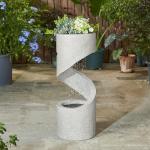 Glitzhome Decorative Tiered Outdoor Water Fountain with LED Light, Curved Waterfall Fountain with Stone Planter, Faux Terrazzo Spiral Shaped Fountains for Garden Deck Patio Porch, 31.25”H