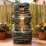 28.8” Tall Rock Water Fountain Outdoor Garden, 3-Tiers Cascading Rock Natural Waterfall Fountains with LED Lights, Indoor Resin Water Feature Fountain for Patio, Backyard, Deck, Porch