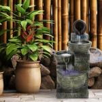 Makamsui 23.6" 4-Tiers Cascading Rock Water Fountain Outdoor Garden Waterfall Decor for Garden, Outside Cascading Bowls and Stacked Stones Patio Water Features Fountain with LED Light and Atomizer Wh