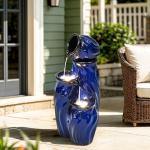 Ultym 29" Tall Ceramic Water Fountain Outdoor with LED Lights, 4-Tier Cascading Waterfall Garden Fountain, Ideal for Serene Relaxing Patio, Yard or Porch, Cobalt Blue Glaze, Dynamic Wave-Texture