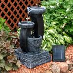 Sunnydaze Modern Cascading Bowls 28-Inch Solar Water Fountain with Battery Backup and LED Lights - Submersible Pump