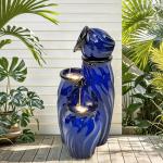 Ultym 29" Tall Ceramic Water Fountain Outdoor with LED Lights, 4-Tier Cascading Waterfall Garden Fountain, Ideal for Serene Relaxing Patio, Yard or Porch, Cobalt Blue Glaze, Dynamic Wave-Texture