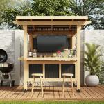 MOUMON 7FT Grill Gazebo with TV Mount, Cedar Wood Bar Gazebo Outdoor Bar Set with PVC Roof, Dual Countertop, Shelves, Patio Entertain Center Shade Pavilion for Backyard Garden Poolside Beige