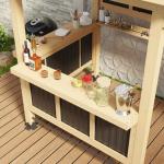 MOUMON 7FT Grill Gazebo with TV Mount, Cedar Wood Bar Gazebo Outdoor Bar Set with PVC Roof, Dual Countertop, Shelves, Patio Entertain Center Shade Pavilion for Backyard Garden Poolside Beige