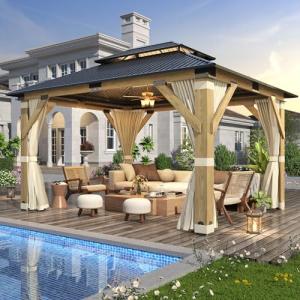 GARTOO 11’x13’ Outdoor Wooden Hardtop Gazebo