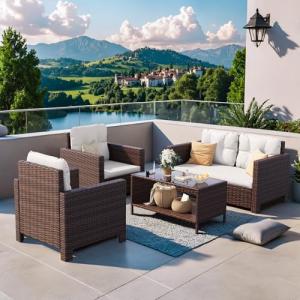 5-Piece Beige Outdoor Rattan Patio Furniture Set