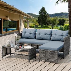 Blue-Gray Wicker Patio Conversation Set with Table