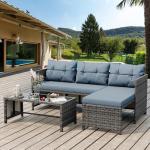 Blue-Gray Wicker Patio Conversation Set with Table