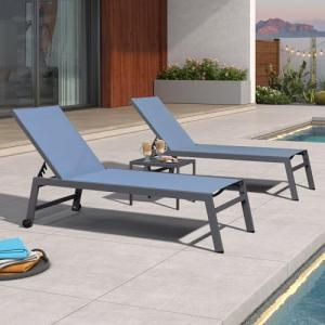 PURPLE LEAF Outdoor Chaise Lounge Set for 2 Oversized Pool Lounge Chairs with Easy-to-Move Wheels and Adjustable Backrest Extra Large Patio Loungers for Poolside Deck Beach Yard Table Included, Indigo