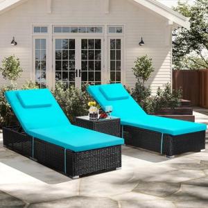Murago Outdoor Chaise Lounge Chairs, All-Weather Wicker Pool Lounge Chair Set of 2 with Side Table, Adjustable Backrest & Washable Cushions for Patio, Poolside, Beach, Light Blue