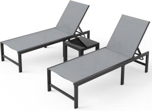 UDPATIO Outdoor Chaise Lounge Chair Set of 2 with Table Pool Lounge Chairs for Outside, Adjustable Lounger for Poolside Lawn Deck Lay Flat Sunbathing Backrest for Patio, Beach, Yard(Grey)