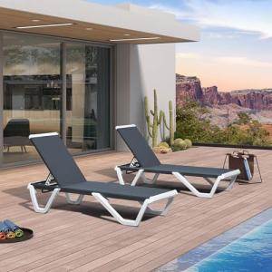PURPLE LEAF Outdoor Chaise Lounge Set of 2 Plastic Pool Lounge Chair with Aluminum Frame Stackable Patio Tanningchairs for Poolside Sunbathing Beach Deck Yard, Dark Grey
