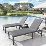 UDPATIO Outdoor Chaise Lounge Chair Set of 2 with Table Pool Lounge Chairs for Outside, Adjustable Lounger for Poolside Lawn Deck Lay Flat Sunbathing Backrest for Patio, Beach, Yard(Grey)