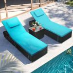 Murago Outdoor Chaise Lounge Chairs, All-Weather Wicker Pool Lounge Chair Set of 2 with Side Table, Adjustable Backrest & Washable Cushions for Patio, Poolside, Beach, Light Blue