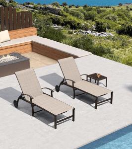 PURPLE LEAF Outdoor Chaise Lounge Chair Set of 3 Patio Pool Lounger Aluminum Chairs with Side Table and Wheels Adjustable Tanning Recliner for Outside Backyard Yard Deck Balcony Beach Khaki