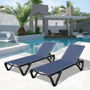Domi Patio Lounge Chairs Set of 2, Aluminum Pool Chaise Lounge with 5 Position Adjustable Backrest and Wheels, Outdoor Lounge Chairs for Pool, Garden, Beach, Backyard, Navy Blue