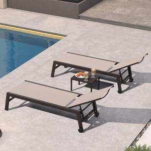 PURPLE LEAF Outdoor Chaise Lounge Chair Set of 2, Patio Pool Textilene Loungers with Adjustable Backrest and Wheels, Includes Side Table for Deck, Lawn, Garden, Sand Beige