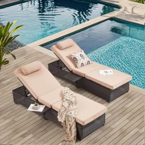 Yalissey Outdoor Lounge Chairs, Pool Lounge Chairs Set of 2, Outdoor Chaise Lounge with Adjustable Backrest & Cup Holder,Khaki Cushion