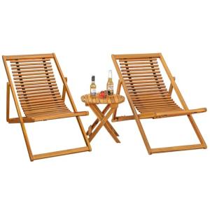 Flamaker 3-Piece Acacia Wood Patio Set, Chaise Lounge Chairs for 2 and Side Coffee Table, Adjustable and Foldable, for Pool, Beach, Backyard, No Assembly