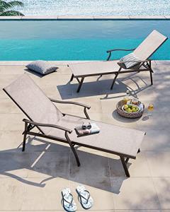 Crestlive Products Chaise Lounge Chair Outdoor with Armrest, Pool Lounge Chairs Set of 2, Aluminum with Adjustable 5 Backrest for Patio, Poolside, Yard, Deck, Backyard (Beige)