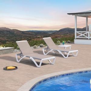 PURPLE LEAF Patio Chaise Lounge Chair Set of 3 Outside Aluminum Plastic Stackable Tanning Chairs for Pool Sunbathing Beach Deck Outdoor Lounger, Khaki