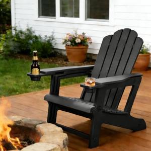 PURPLE LEAF Adirondack Chair HDPE All-Weather Outdoor Fire Pit Chair with 24.6" Oversized Seat Wood-Textured Patio Adirondack Chair with Dual Cup Holders for Garden Deck Backyard, Black