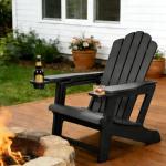 PURPLE LEAF Adirondack Chair HDPE All-Weather Outdoor Fire Pit Chair with 24.6" Oversized Seat Wood-Textured Patio Adirondack Chair with Dual Cup Holders for Garden Deck Backyard, Black