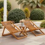 Flamaker 3-Piece Acacia Wood Patio Set, Chaise Lounge Chairs for 2 and Side Coffee Table, Adjustable and Foldable, for Pool, Beach, Backyard, No Assembly