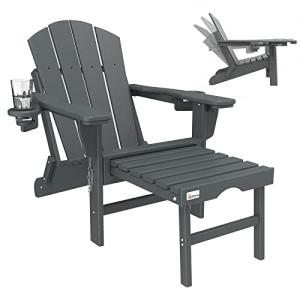 Mdeam 3-Level Adjustable Adirondack Chair with Retractable Ottoman, HDPE All-Weather Folding Fire Pit Chair with 2 Cup Holders, Outdoor Chair for Deck Patio Garden Backyard Lawn (Grey)