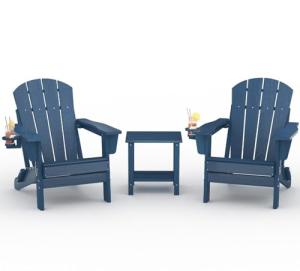 Folding Adirondack Chair Set of 2 with Side Table, All-Weather HDPE Outdoor Chair, Wooden Textured with Cup Holder for patios, Decks, Gardens, fire pits, Navy Blue