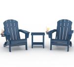 Folding Adirondack Chair Set of 2 with Side Table, All-Weather HDPE Outdoor Chair, Wooden Textured with Cup Holder for patios, Decks, Gardens, fire pits, Navy Blue