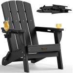 SUUNYN Folding Adirondack Chair, HDPE All-Weather Fire Pit Chairs, Plastic Adirondack Chairs with 2 Cup Holder, Outdoor Lawn Chair for Patio Garden (Black)