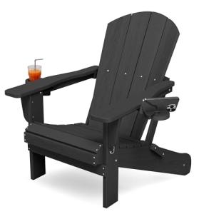 KINGYES Folding Adirondack Chair with Dual Cup Holders - HDPE All-Weather Outdoor Chairs, Wood-Like Patio Chair for Backyard, Camping, Pool & Fire Pit, Black