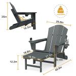 Mdeam Folding Adirondack Chair with Retractable Ottoman, HDPE All-Weather Fire Pit Chair with 2 Cup Holders, Outdoor Chair for Deck Patio Garden Backyard Lawn (Grey)