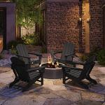 Mdeam Folding Adirondack Chair with Retractable Ottoman, HDPE All-Weather Fire Pit Chair with 2 Cup Holders, Outdoor Chair for Deck Patio Garden Backyard Lawn (Black)