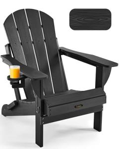 Ciokea Folding Adirondack Chair Wood Texture for Patio, Weather Resistant, Plastic Fire Pit Chair with Cup Holder, Lawn Chair for Outdoor Porch Garden Backyard Deck (Black)