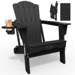 THOEOE Folding Adirondack Chair,HDPE All-Weather Outdoor Chair with Cup Holder,Wooden Textured,Fire Pit Chair,Plastic Patio Chair for Deck,Backyard,Garden,Lawn(Black)