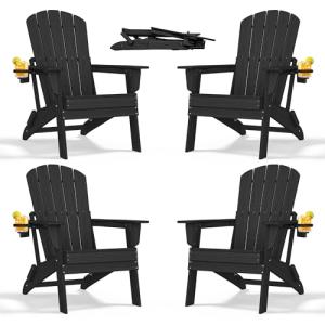 nevilywood Folding Adirondack Chair with Cup Holder Set of 4, HDPE Patio Chairs,All-Weather Outdoor Chairs for Backyard, Deck,Fire Pit-Black
