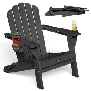 Eesdom Folding Adirondack Chair, HDPE Adirondack Chair with 2 Cup Holders, Easy Assembly Outdoor Fire Pit Chairs for Patio, Garden, Poolside, Black