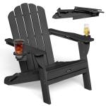 Eesdom Folding Adirondack Chair, HDPE Adirondack Chair with 2 Cup Holders, Easy Assembly Outdoor Fire Pit Chairs for Patio, Garden, Poolside, Black