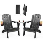 Folding Adirondack Chair Set of 2, Wooden Textured Plastic Adirondack Chairs with 2 Cup Holder, Weather Resistant HDPE Fire Pit Chair, Outdoor Patio Chairs for Garden, Backyard, Lawn, Deck, Black