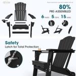 THOEOE Folding Adirondack Chair,HDPE All-Weather Outdoor Chair with Cup Holder,Wooden Textured,Fire Pit Chair,Plastic Patio Chair for Deck,Backyard,Garden,Lawn(Black)