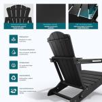 THOEOE Folding Adirondack Chair,HDPE All-Weather Outdoor Chair with Cup Holder,Wooden Textured,Fire Pit Chair,Plastic Patio Chair for Deck,Backyard,Garden,Lawn(Black)
